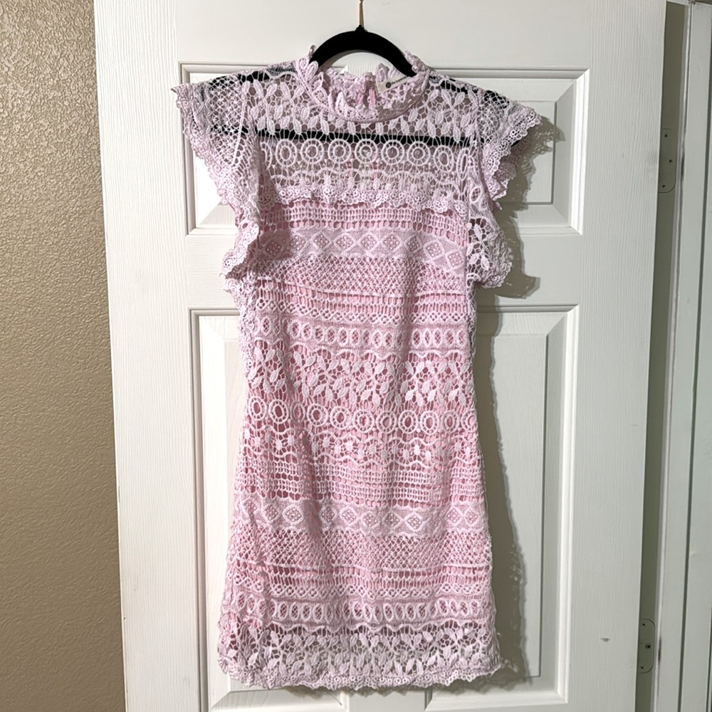 The Impeccable Pig Women’s Pink Lace Flutter Sleeve Dress High Neck Small
